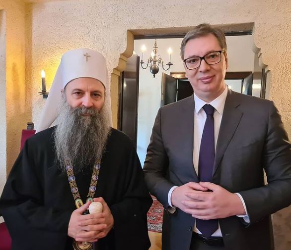 Patriarch of Serbia Porfirije welcomes country’s president, Aleksandar Vučić, at Patriarchal residence
